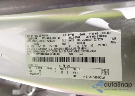 2019 Ford F-250 Xlt z USA, uszkodzony, nr VIN 1FT7W2B68KEC80038